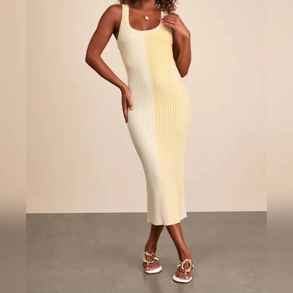 Lulus Radiant Personality Yellow Color Block Ribbed Knit Midi Dress, Size XL